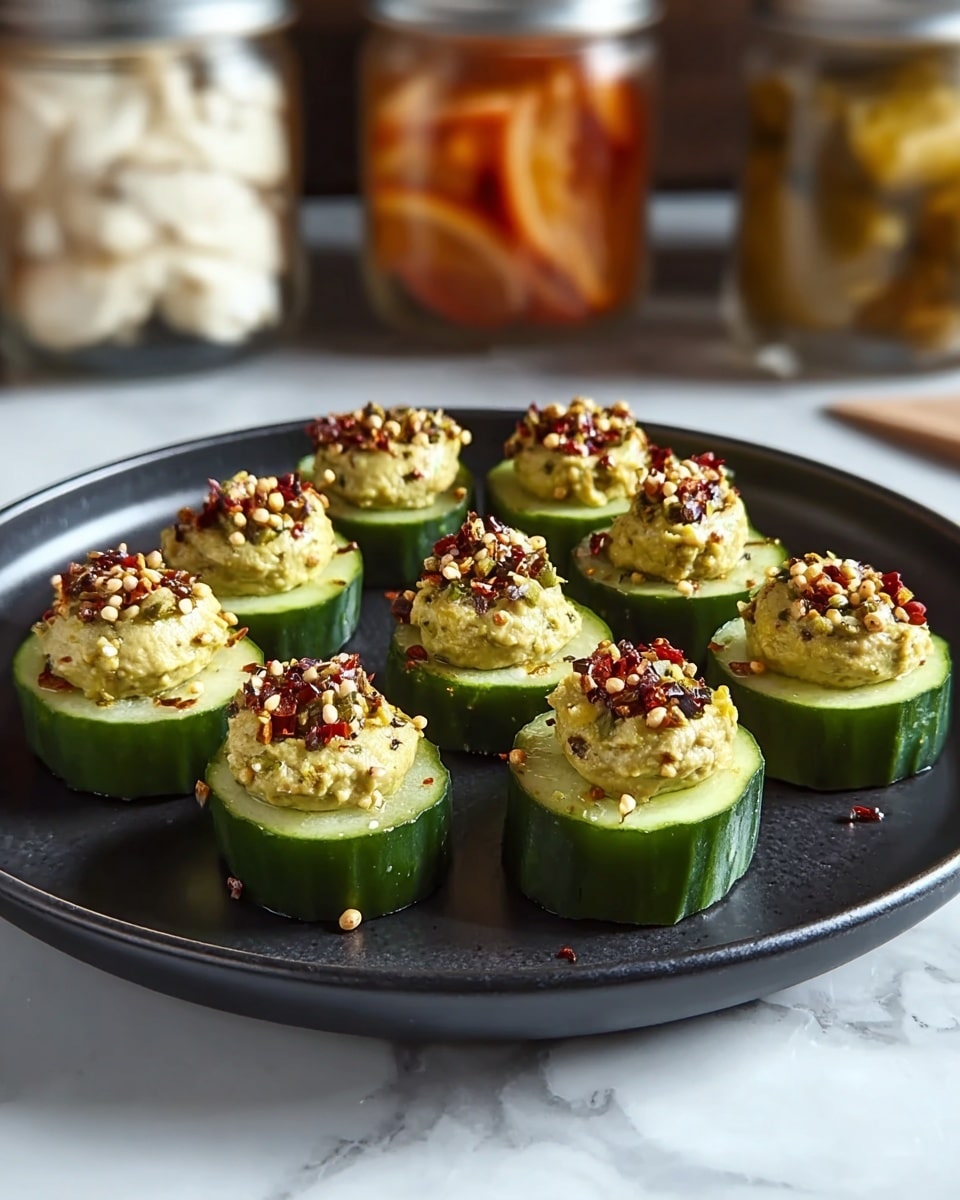 A black round plate holds eight individual appetizers, each made of two thick cucumber slices stacked to form a base of dark green with light green inside. On top of each cucumber stack is a dollop of creamy, pale yellow-green spread with a slightly rough texture. The spread is topped with small bits of mixed seeds and red spices, adding a textured, colorful finish. The plate sits on a white marbled surface, and the background shows blurred glass jars with white and orange contents. Photo taken with an iphone --ar 4:5 --v 7