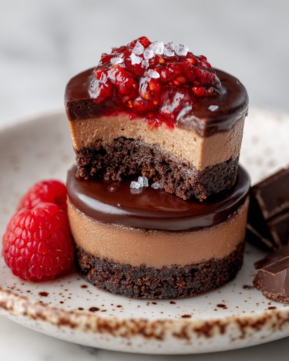 The dish shows a two-layer chocolate dessert on a white plate. The bottom layer is a dark brown, crumbly crust. Above it is a thick, smooth, light brown chocolate mousse. On top of the mousse is a thin, shiny dark chocolate glaze. Another piece of the dessert is stacked on top, cut in half to show inside. The cut side reveals three layers: the same dark crumbly crust, the light brown mousse, and a thick, chunky red raspberry topping sprinkled with coarse white salt. Next to the dessert on the plate are a few fresh raspberries and a small piece of dark chocolate. The whole scene is set on a surface with a white marbled texture. Photo taken with an iphone --ar 4:5 --v 7
