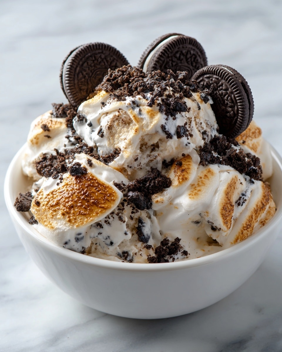 A white bowl filled with a creamy mix that forms about three main fluffy, light tan and white swirled layers. Mixed into the creamy base are several large chunks of toasted golden brown marshmallows. On top, there are scattered crushed dark chocolate cookie crumbs and several whole dark chocolate sandwich cookies partially embedded around the edges. The bowl sits on a white marbled surface. photo taken with an iphone --ar 4:5 --v 7