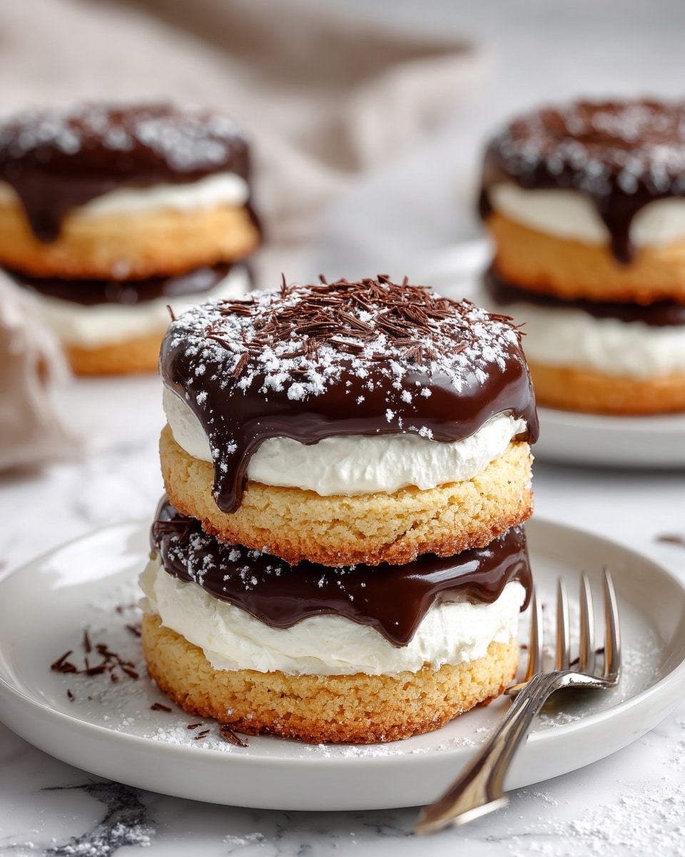 The image shows three round sandwich cakes stacked on a white plate with a silver fork. Each cake has three layers: a light golden-brown soft cake on the top and bottom, with a thick middle layer of creamy white filling. The top cake layer of each sandwich is covered with a thick, glossy dark chocolate glaze that drips slightly down the sides. There are small chocolate shavings and a light dusting of powdered sugar on top of the chocolate layer. The background shows a soft focus of similar cakes on a white marbled surface. photo taken with an iphone --ar 4:5 --v 7