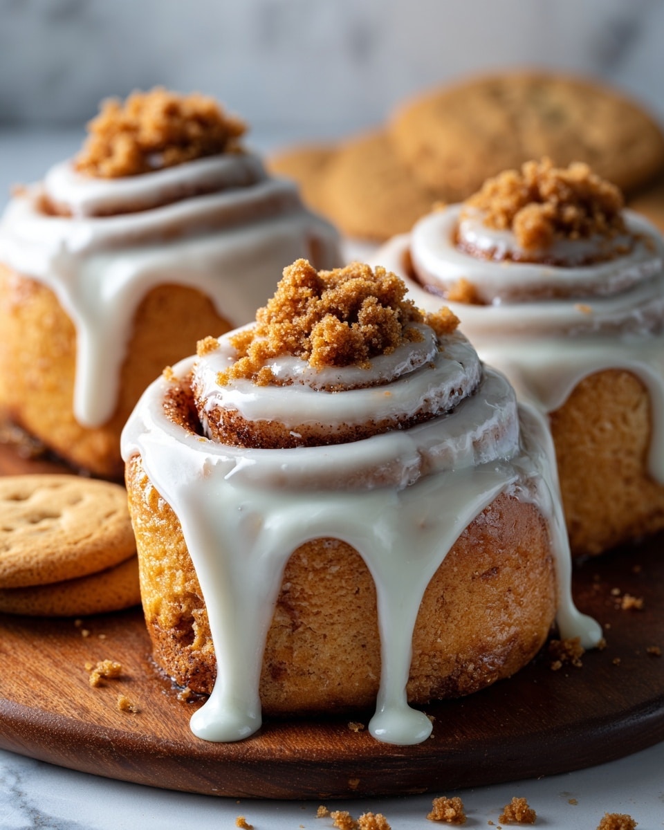 The image shows three cinnamon rolls placed closely together, each with two main layers: a thick, golden-brown baked dough layer and a visible darker cinnamon swirl inside. The top of each roll is covered with thick, creamy white icing dripping down the sides and pooling slightly at the bottom. On top of the icing, there is a crumbly, light brown streusel topping with a grainy texture, placed in a small mound at the center of each roll. The rolls sit on a wooden board, and in the background, there are stacked light brown cookies against a softly blurred white marbled textured surface. Photo taken with an iphone --ar 4:5 --v 7
