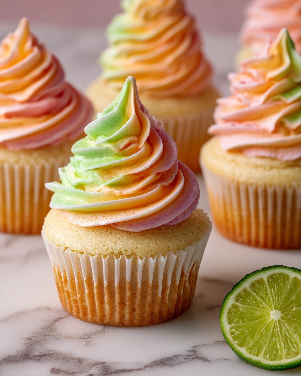 Six cupcakes with soft yellow bases wrapped in light pink liners are arranged on a white marbled surface. Each cupcake is topped with a swirl of creamy frosting that has three colors mixed in a smooth, soft texture: light pink, bright green, and pale orange. The frosting is thick and tall, starting wide at the base and winding to a sharp point at the top. In the foreground on the left, there is a halved lime with bright green flesh, adding a fresh contrast. The background is softly blurred, focusing attention on the detailed frosting colors and textures. photo taken with an iphone --ar 4:5 --v 7