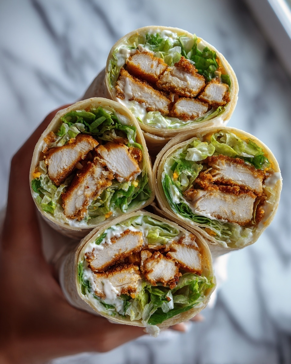 The image shows four wrap sandwiches cut in half, stacked closely together. Each wrap is filled with crispy golden-brown fried chicken pieces, fresh green lettuce, and a creamy white sauce, all wrapped in a soft white flatbread. The texture of the chicken is crunchy and crumbly, while the lettuce adds a fresh, leafy layer. The wraps are placed on a white marbled surface, and one wrap in the front is slightly leaning forward, giving a clear view of the layers inside. A woman's hand is partially visible, holding one of the wraps gently from the side. photo taken with an iphone --ar 4:5 --v 7