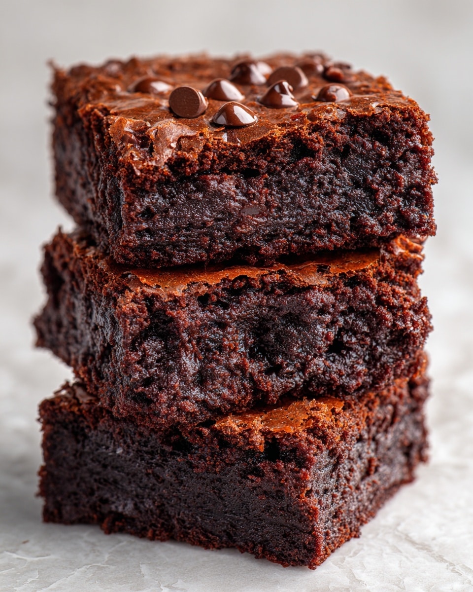 The image shows a close-up of three stacked chocolate brownies with a rich, dark brown color and a slightly crumbly texture. The top layer is studded with shiny chocolate chips scattered unevenly. The middle and bottom layers reveal a dense, fudgy inside with small air pockets, showing a moist texture. The stack rests on a white marbled surface, with no other objects visible. Photo taken with an iphone --ar 4:5 --v 7