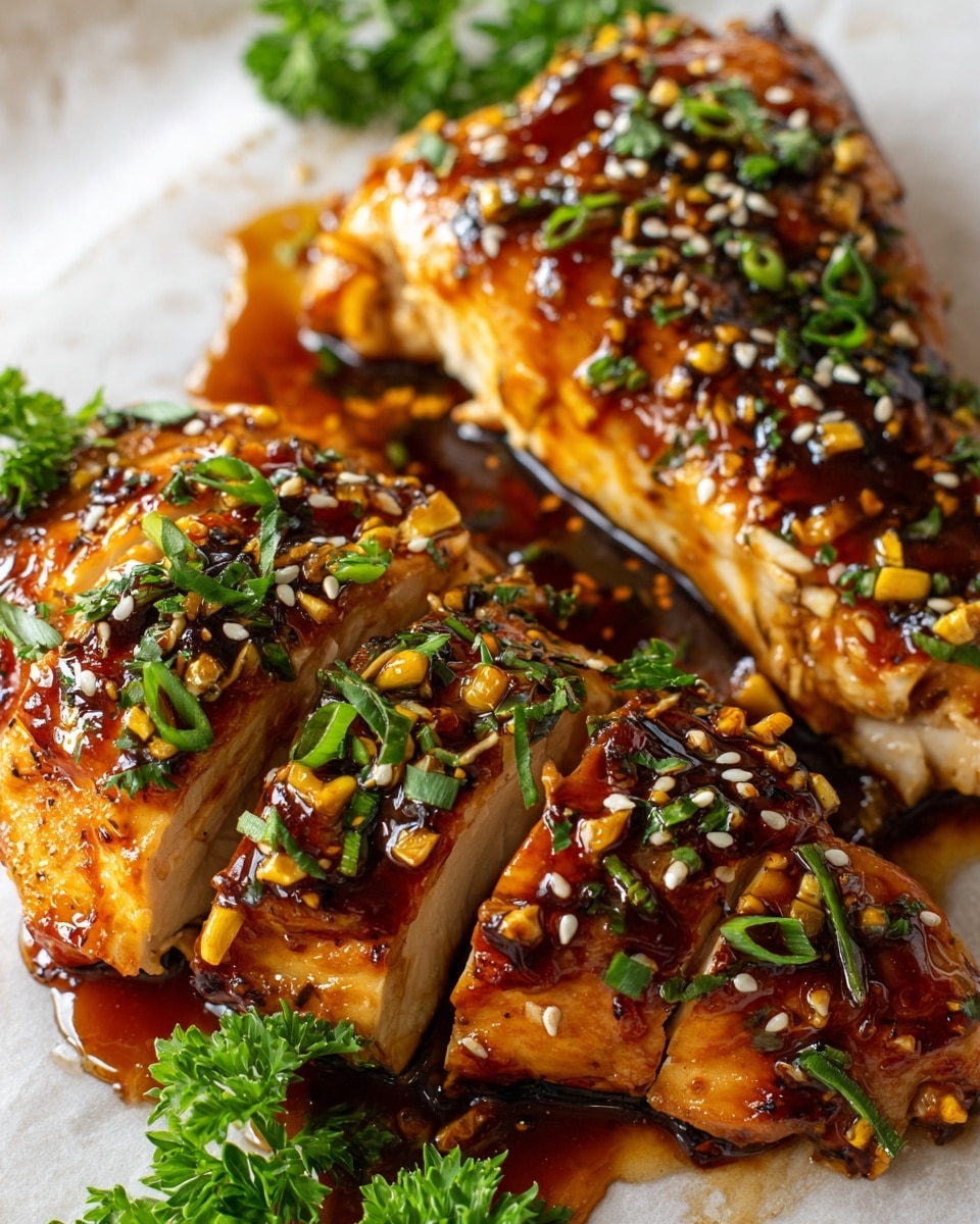 The dish shows two grilled chicken breasts placed side by side on a white marbled surface. Each breast is sliced into few thick pieces, with a golden-brown grilled texture, glistening with a sticky sauce. The top is covered with small yellow corn kernels, white sesame seeds, and scattered green onion slices, adding a mix of yellow, white, and bright green colors. Fresh green parsley leaves surround the chicken on the sides, adding a fresh element. The lighting is bright and natural, making the chicken look juicy and tender. photo taken with an iphone --ar 4:5 --v 7