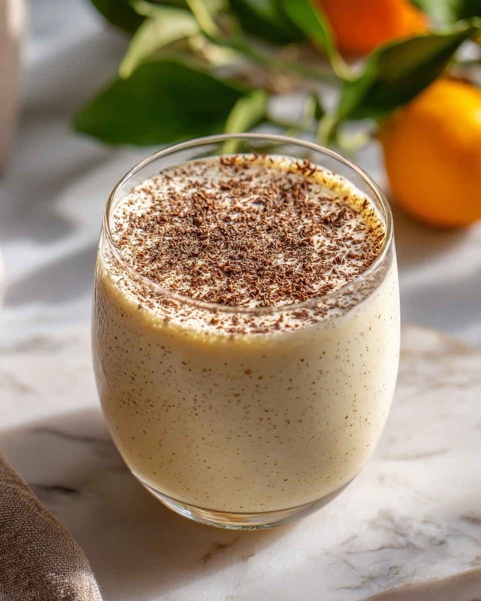 A close-up of a creamy, beige smoothie in a clear glass, filled almost to the top with a smooth texture dotted lightly with small dark specks inside. The surface is sprinkled with a thin layer of fine brown spice powder evenly scattered across, adding specks of color contrast. The glass has a thin rim and sits against a soft white marbled textured background. Photo taken with an iphone --ar 4:5 --v 7