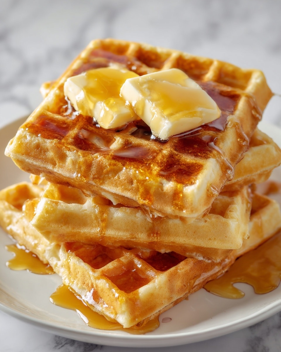 A close-up view of three stacked golden-brown waffles on a white plate, the waffles showing a crisp texture with deep square pockets filled generously with shiny amber syrup. On the top waffle, there are two thick squares of pale yellow butter melting slightly, with syrup drizzled over them. The plate rests on a white marbled surface, enhancing the warm colors of the waffles and syrup. photo taken with an iphone --ar 4:5 --v 7