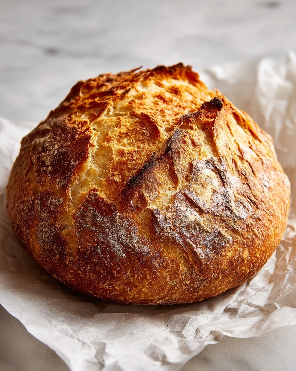 A round loaf of bread with a golden brown crust sits on crinkled white parchment paper. The top layer of the bread shows a deep crack revealing a soft, fluffy, lighter yellow interior with a rough, textured surface. The crust has a slightly rough and uneven look with varied shades of brown and orange. The setting is a white marbled surface. photo taken with an iphone --ar 4:5 --v 7