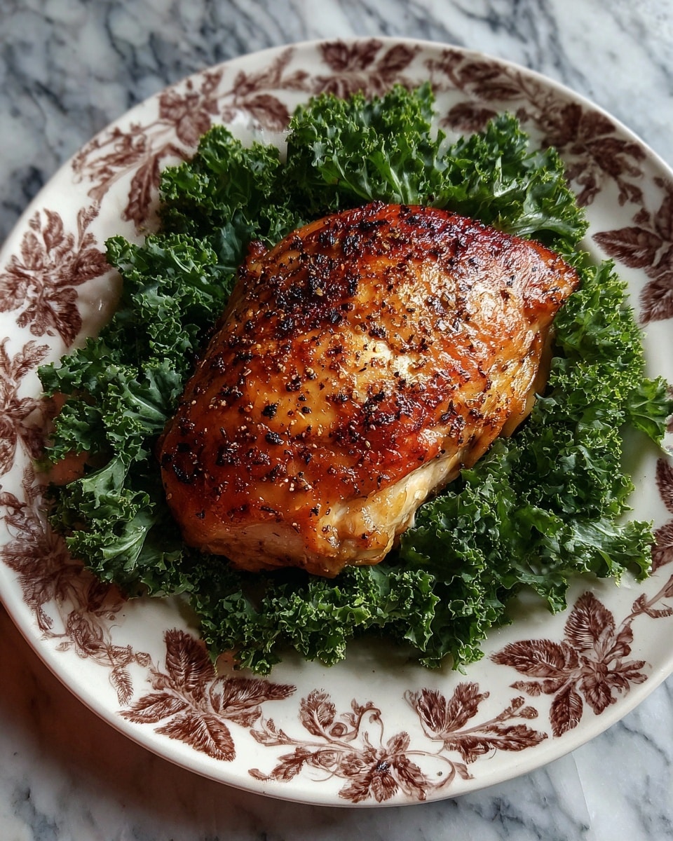 A large piece of cooked chicken with shiny, crispy brown skin sits centered on a white plate decorated with brown floral patterns. The chicken rests on a bed of fresh, curly green kale leaves that surround it evenly, adding a bright contrast. The kale's texture is leafy and slightly ruffled. The photo is taken on a white marbled surface. photo taken with an iphone --ar 4:5 --v 7