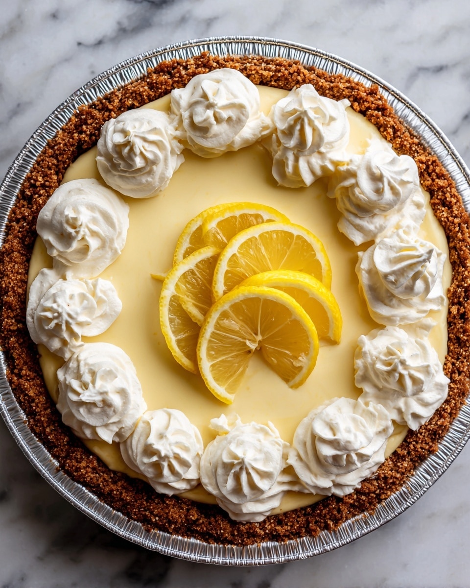 A lemon pie in a round silver pie pan with three visible layers: the outer crumbly brown crust, the smooth pale yellow lemon filling in the middle, and the bright white whipped cream shaped in evenly spaced swirls along the edge of the filling. The center of the pie is decorated with a circle of thin, glossy yellow lemon slices neatly arranged overlapping each other. The pie is placed on a white marbled surface. photo taken with an iphone --ar 4:5 --v 7