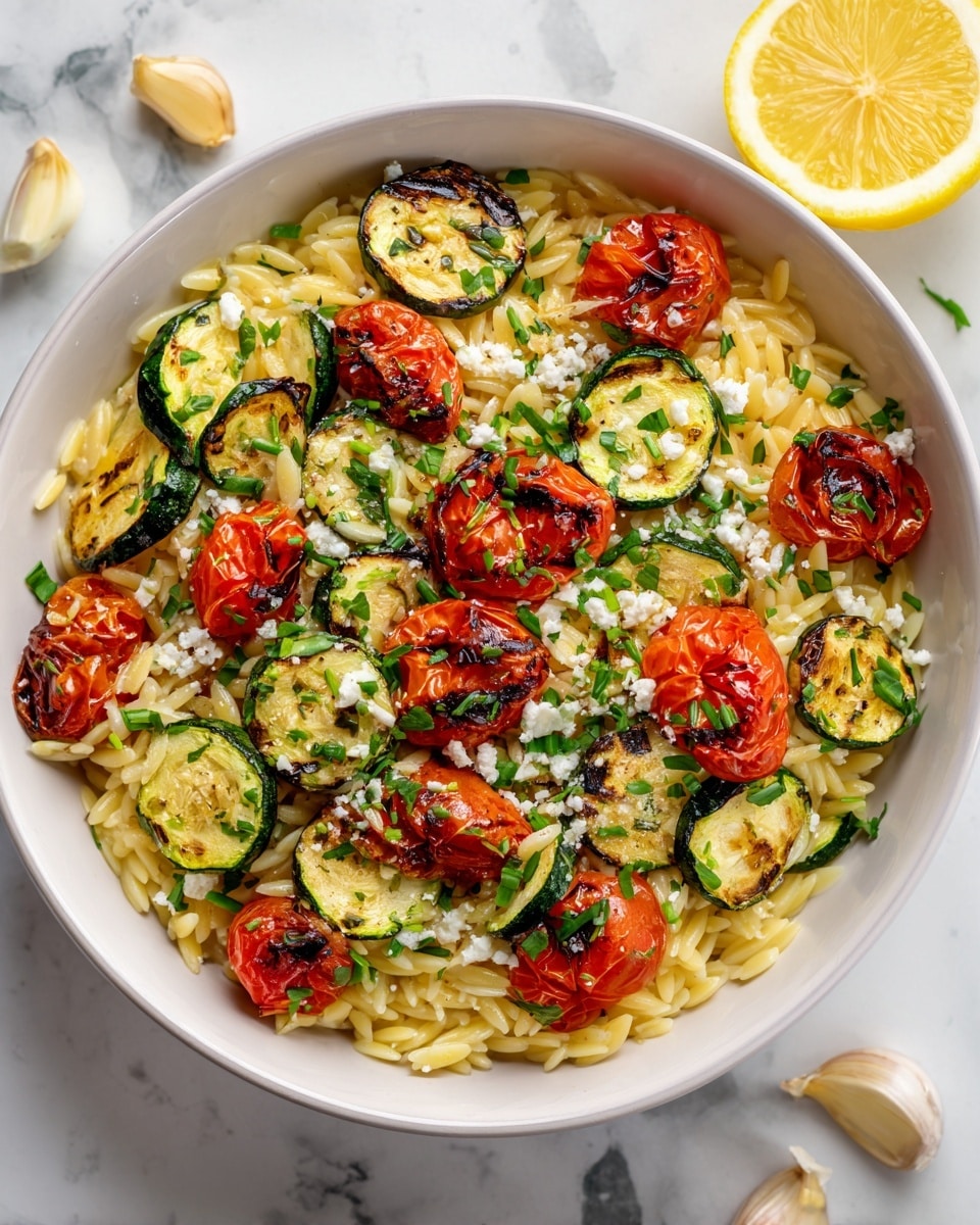 The dish shows a white bowl filled with a colorful mix of orzo pasta, grilled zucchini slices, and roasted cherry tomatoes. The orzo pasta is light beige and forms the base layer, scattered evenly throughout. The grilled zucchini slices are green with charred dark edges, mixed well with the pasta. The roasted cherry tomatoes are bright red with some blackened spots on the skin, spread on top and around the bowl. Small chunks of white feta cheese are sprinkled throughout, and thin strips of fresh green basil are scattered on the top for a fresh look. A half lemon and some garlic are seen blurred in the background on a white marbled surface. Photo taken with an iphone --ar 4:5 --v 7