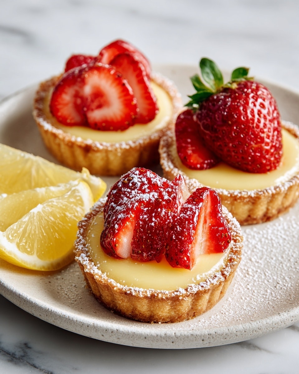 The image shows three small tartlets placed close together on a white plate with a speckled texture. Each tartlet has a golden-brown crust as the base, filled with a smooth, pale yellow custard layer. On top, there is a layer of sliced bright red strawberries, with one whole strawberry placed on each tartlet, adding height and texture. The tartlets are dusted lightly with white powdered sugar. In the background, two lemon slices are faintly visible on the plate. The whole scene sits on a white marbled surface. photo taken with an iphone --ar 4:5 --v 7