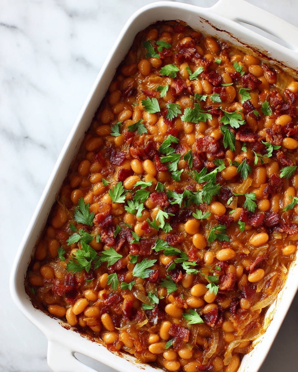 A close-up top view of a white rectangular ceramic dish filled with cooked beans in a rich, dark brown sauce, mixed with crispy bits of dark reddish-brown bacon and garnished with small bright green parsley leaves evenly scattered on top, all placed on a white marbled surface, photo taken with an iphone --ar 4:5 --v 7