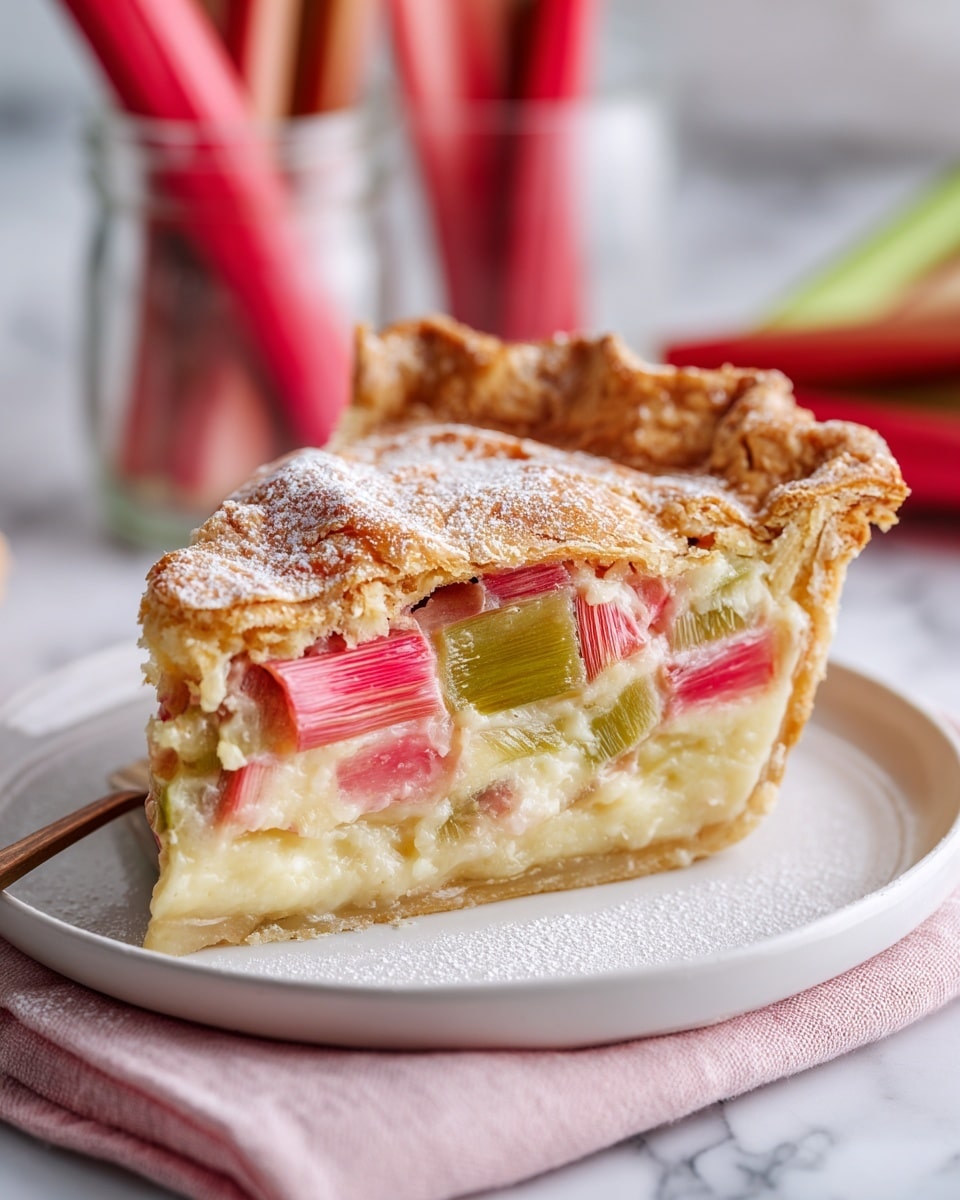 A single slice of rhubarb custard pie rests on a white plate, showing three clear layers: the bottom layer is a light tan, crumbly pie crust; above it is a thick, creamy pale yellow custard filling; the top layer is covered with medium-sized chunks of pink and light green rhubarb, giving a mix of soft and juicy textures with a slight sprinkle of white granulated sugar dusted on top. The pie crust edge is golden brown and slightly crimped, adding texture to the slice. The dish is placed on a white marbled surface with blurred red rhubarb stalks in a glass jar in the soft background. photo taken with an iphone --ar 4:5 --v 7