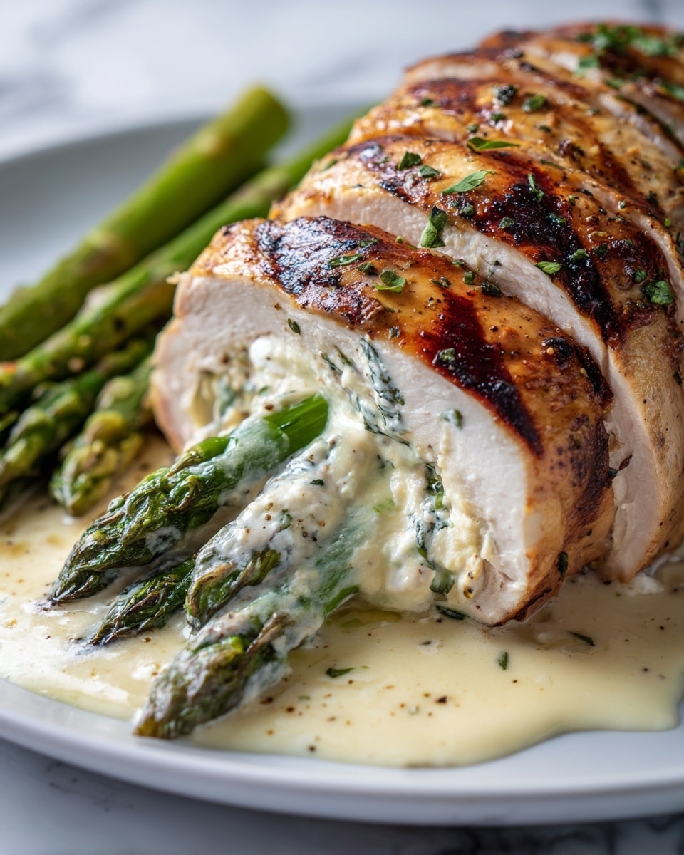 A close-up of a stuffed chicken breast sliced into several pieces, showing a light golden-brown grilled outer layer with visible grill marks and sprinkled herbs, revealing a creamy white cheese layer inside, and bright green asparagus spears stuffed in the center extending from the cut end. The chicken rests on a white plate with a smooth, slightly shiny sauce pooling around it, with more whole asparagus placed in the background. The plate sits on a white marbled surface. Photo taken with an iphone --ar 4:5 --v 7
