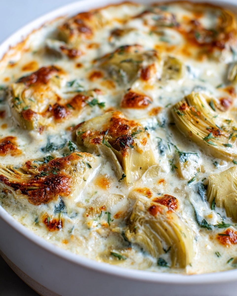 A white bowl holds a creamy layered dish with a mix of soft, light beige artichoke hearts placed on top and slightly browned melted cheese covering the surface. Underneath, you can see glimpses of finely chopped green herbs and spinach mixed into the sauce. The texture looks rich and smooth with scattered browned spots from baking, sitting on a white marbled surface. Photo taken with an iphone --ar 4:5 --v 7