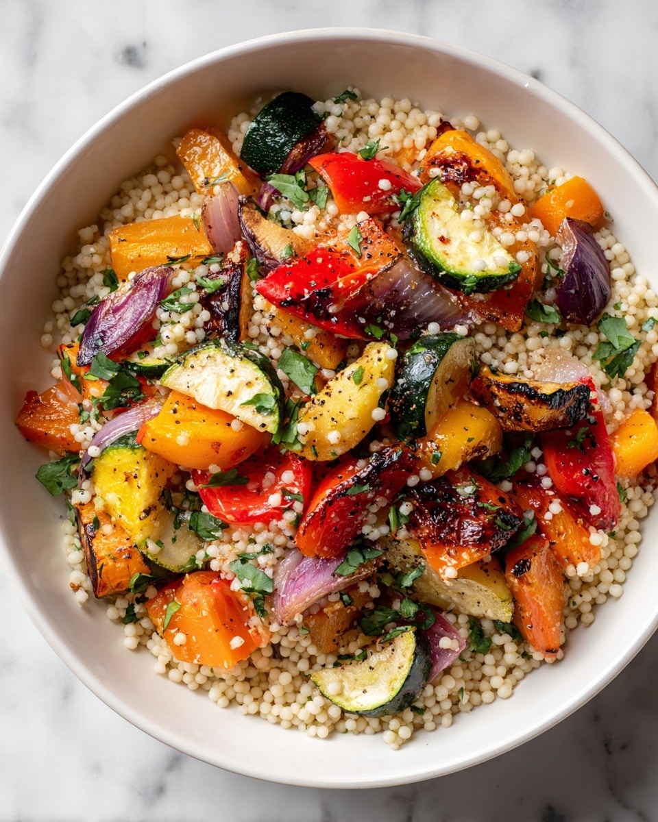 A white bowl filled with a vibrant couscous salad sits on a white marbled surface. The dish has a base layer of small, round, pale yellow couscous pearls scattered evenly. On top are colorful chunks of roasted vegetables including orange carrots, red and yellow bell peppers, green zucchini, and purple onions, creating a mix of bright, warm colors. The vegetables have a slightly charred texture with visible black pepper seasoning. Fresh green parsley leaves are sprinkled generously over the salad, adding a fresh touch to the rustic and textured layers of couscous and vegetables. Photo taken with an iphone --ar 4:5 --v 7