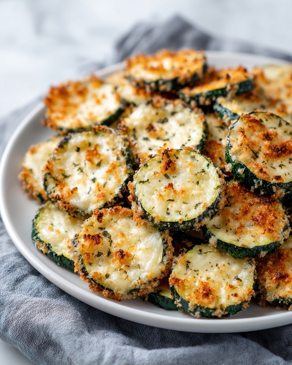 A white plate filled with a single layer of round zucchini slices, each about half an inch thick, coated evenly with a golden, crispy layer of baked cheese and herbs, giving a slightly browned and textured top with specks of green parsley. The zucchini skin is a dark green, providing a strong contrast to the light golden cheese layer, and the edges of some slices have a slight crispiness from baking. The plate rests on a soft, light gray cloth which lies on a white marbled surface. photo taken with an iphone --ar 4:5 --v 7