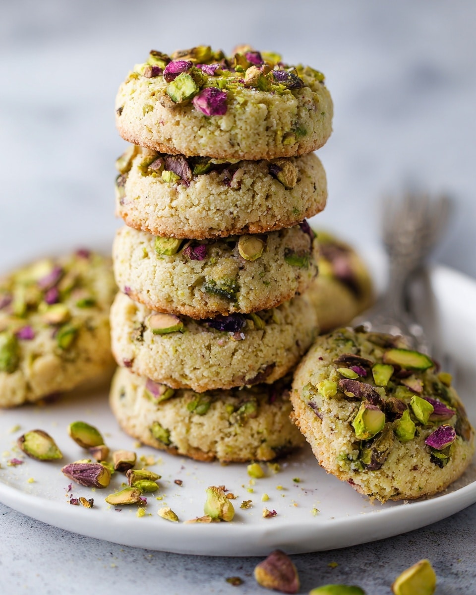 A stack of seven round cookies sits on a white plate, each cookie covered in small green pistachio nut pieces giving a rough, crunchy texture. The cookies are light brown with green and brown nut bits embedded throughout, creating a speckled pattern. The stack is centered on the plate, with some scattered pistachio pieces on the plate near the cookies. The plate rests on a soft white marbled surface, with a subtle, soft glow highlighting the cookies’ texture and color. photo taken with an iphone --ar 4:5 --v 7