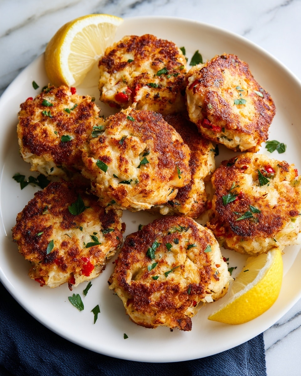 The image shows a white plate with several golden-brown fried patties that appear crispy on the outside with a textured surface showing small bits of shrimp and red and yellow peppers inside. The patties are round and slightly thick, garnished with small green parsley pieces scattered on top. There is a halved lemon placed at the back of the plate, adding a fresh yellow contrast. The plate sits on a white marbled surface with a navy blue cloth partially visible underneath, and the overall look is warm and inviting. photo taken with an iphone --ar 4:5 --v 7