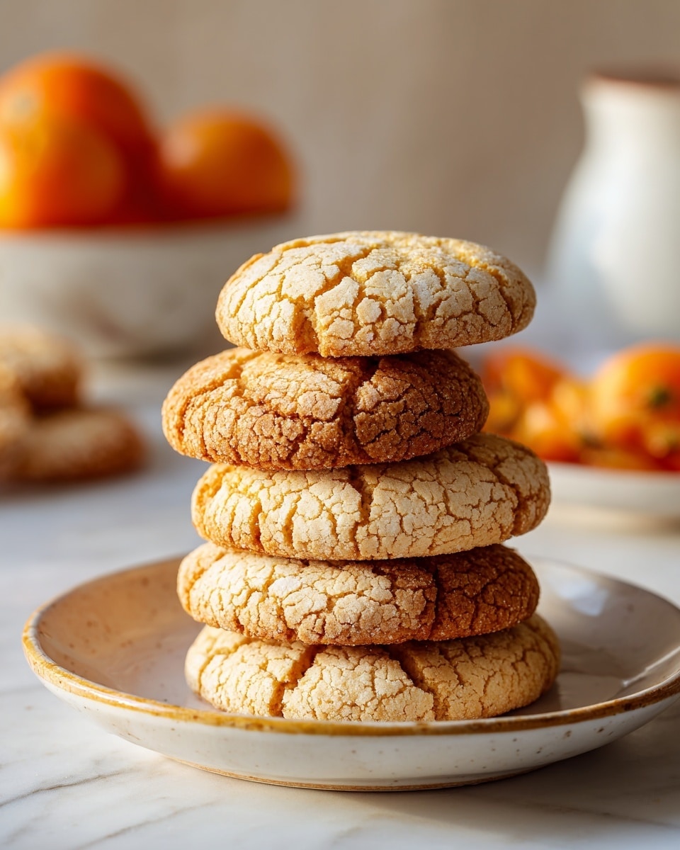 A white plate with a gold rim holds six golden-brown, oval-shaped cookies arranged in a small pile. Each cookie has a cracked, crumbly texture on top, showing a mix of light beige and deeper golden tones. The plate sits on a white marbled surface, with soft lighting that highlights the texture of the cookies and the gentle sheen on the plate. In the background, a blurred white bowl with orange fruit and a white mug can be seen. photo taken with an iphone --ar 4:5 --v 7