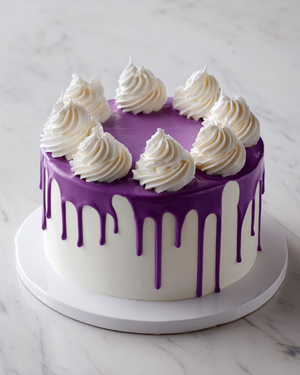 A tall, round cake with smooth white frosting covering the entire surface forms the base layer; bright purple glaze with a shiny, slightly runny texture drips down evenly from the top edge, creating long streaks down the sides. On the very top, eight swirls of white cream sit in a circle, each swirl thick and fluffy, with soft peaks. The cake is placed on a thin, round golden base, resting on a white marbled surface background. Photo taken with an iphone --ar 4:5 --v 7