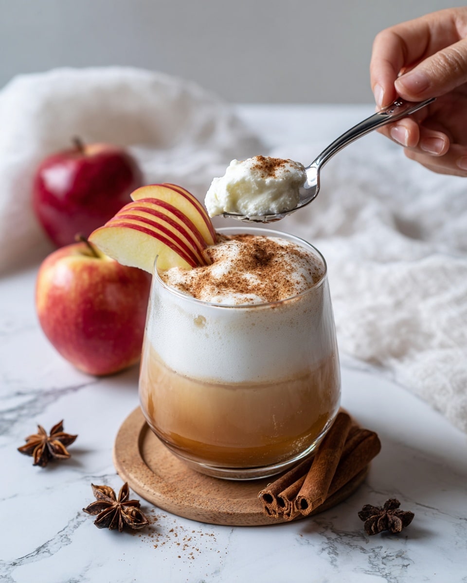 The image shows a clear glass filled with a creamy, light beige drink that has a frothy white foam layer on top. Thin, red and yellow apple slices are arranged standing up inside the foam, adding a fresh, colorful touch. A woman's hand holds a silver spoon above the glass, lifting a scoop of the white foam, sprinkled with a light dusting of brown cinnamon powder. The glass is placed on a small round wooden board, decorated with two cinnamon sticks and two star anise pieces, all set on a white marbled surface. In the blurry background, three red apples are visible. Photo taken with an iphone --ar 4:5 --v 7