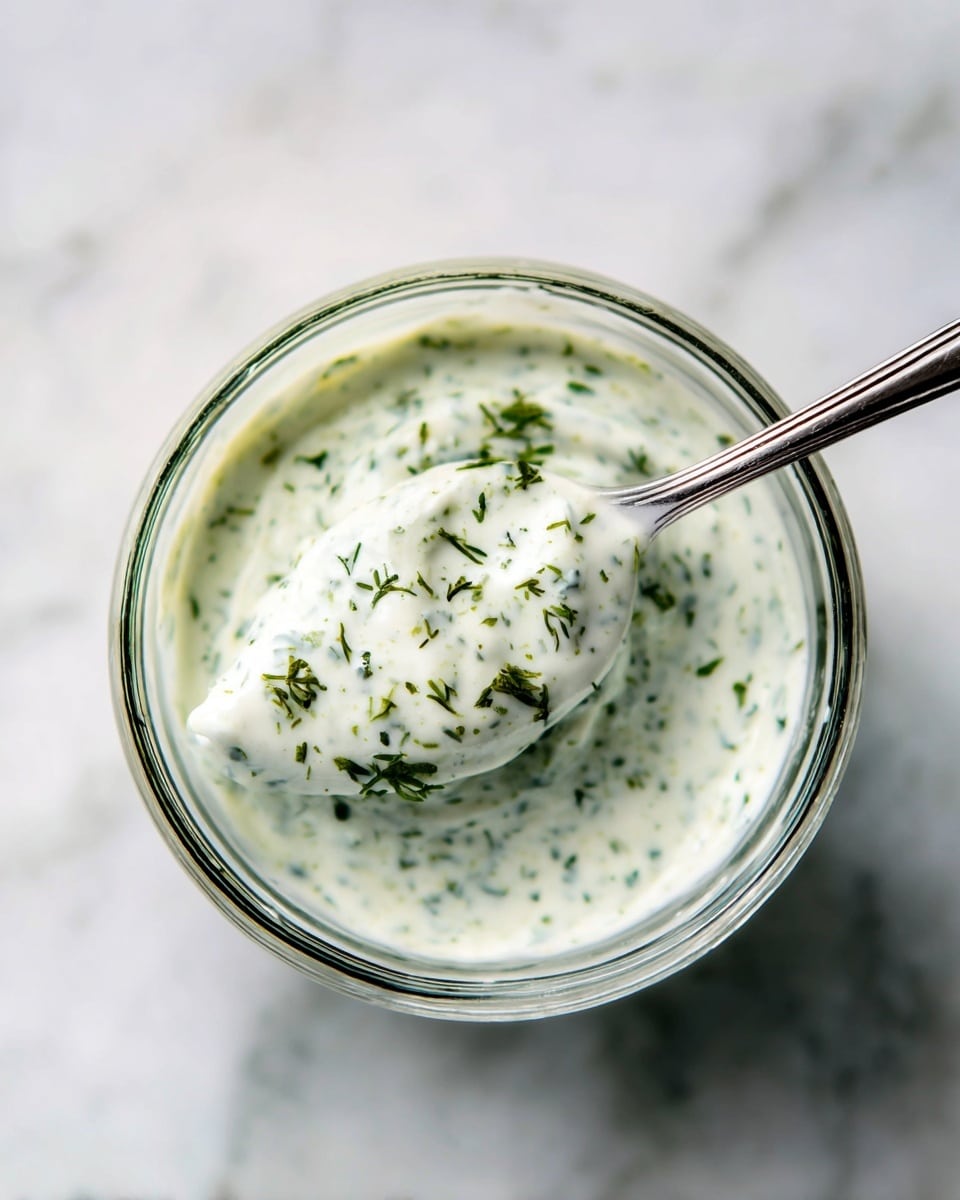 A clear glass bowl filled with a creamy white sauce mixed with small green herb pieces, giving a speckled appearance. A silver spoon is scooping some of the sauce, held above the bowl, showing the smooth and thick texture of the sauce with herbs spread evenly throughout. The bowl sits on a white marbled surface photo taken with an iphone --ar 4:5 --v 7