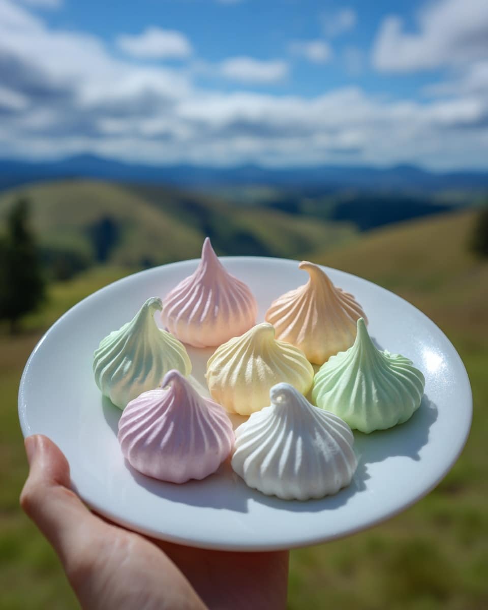 A white plate holds seven colorful meringue cookies arranged in a circle. Each meringue has a swirled, soft texture with a shiny surface. The cookies come in pastel pink, light orange, pale yellow, soft green, and creamy white shades. They have a high peak shape with gentle folds and smooth curves, showing light shadows and highlights. The plate is held by a woman's hand against a background of green mountains and blue sky, creating a fresh, airy feeling. The photo has bright natural light reflecting softly on the meringues and the white marbled surface beneath. Photo taken with an iphone --ar 4:5 --v 7