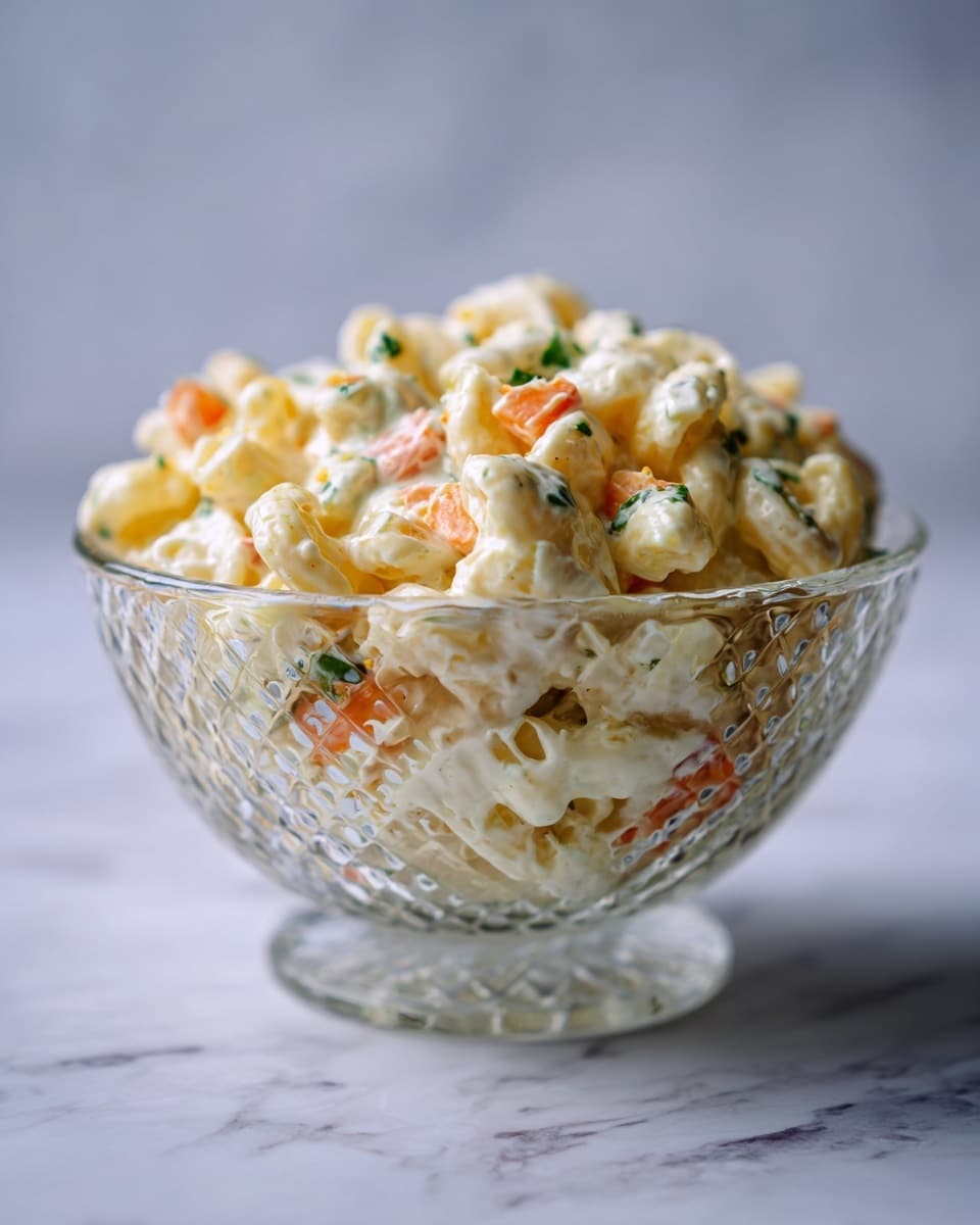 A clear glass bowl filled with creamy macaroni salad, showing about two layers of elbow-shaped pasta mixed with small pieces of orange carrot, green onions, and bits of purple onion. The creamy dressing coats the pasta and vegetables evenly, giving a smooth texture that clings to each piece. The bowl sits on a wooden surface with a white marbled texture background, and part of a white and pink striped cloth is visible to the left. photo taken with an iphone --ar 4:5 --v 7
