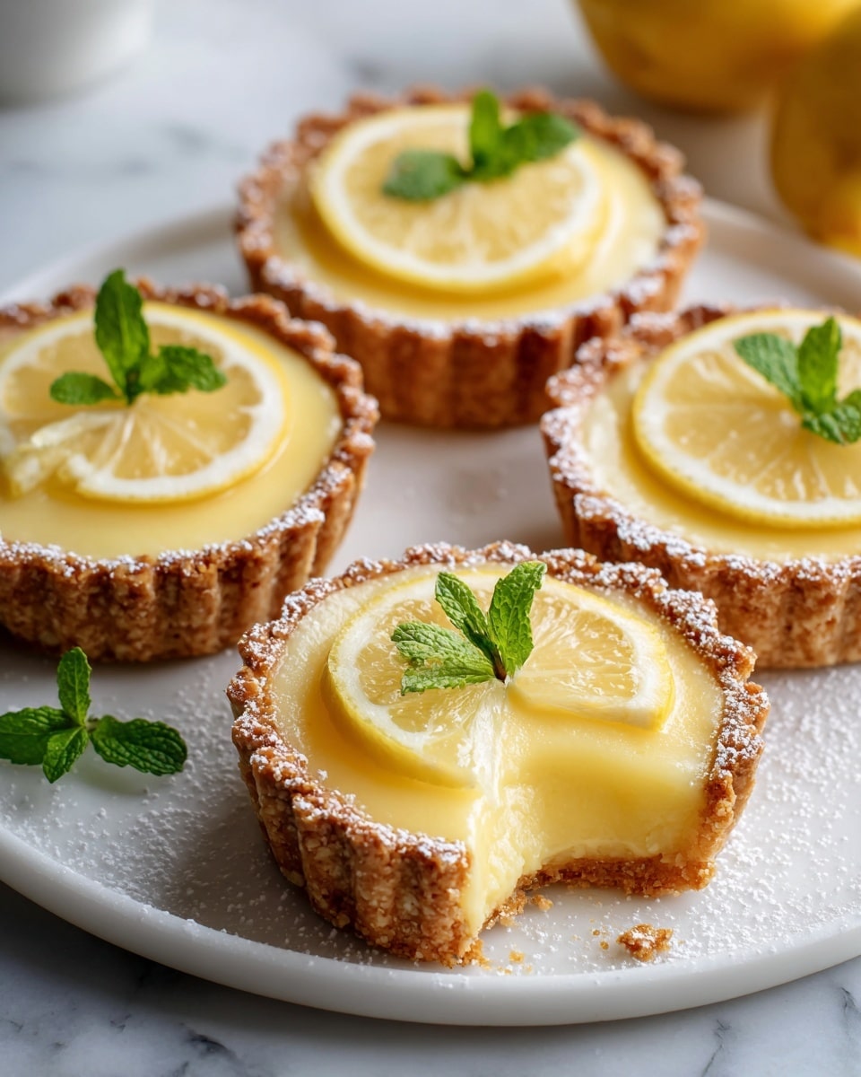 Four small lemon tarts sit on a white marbled surface, each with three layers: a golden crust at the bottom with a crumbly texture, a thick, smooth pale yellow lemon filling in the middle, and a bright yellow lemon slice on top. The edges of the crusts are dusted with white powdered sugar, and two tarts have a small green mint leaf next to the lemon slice. One tart in the front shows a bite taken out, revealing the creamy filling inside. Scattered powdered sugar and fresh green mint leaves decorate the white marbled surface around the tarts. Photo taken with an iphone --ar 4:5 --v 7