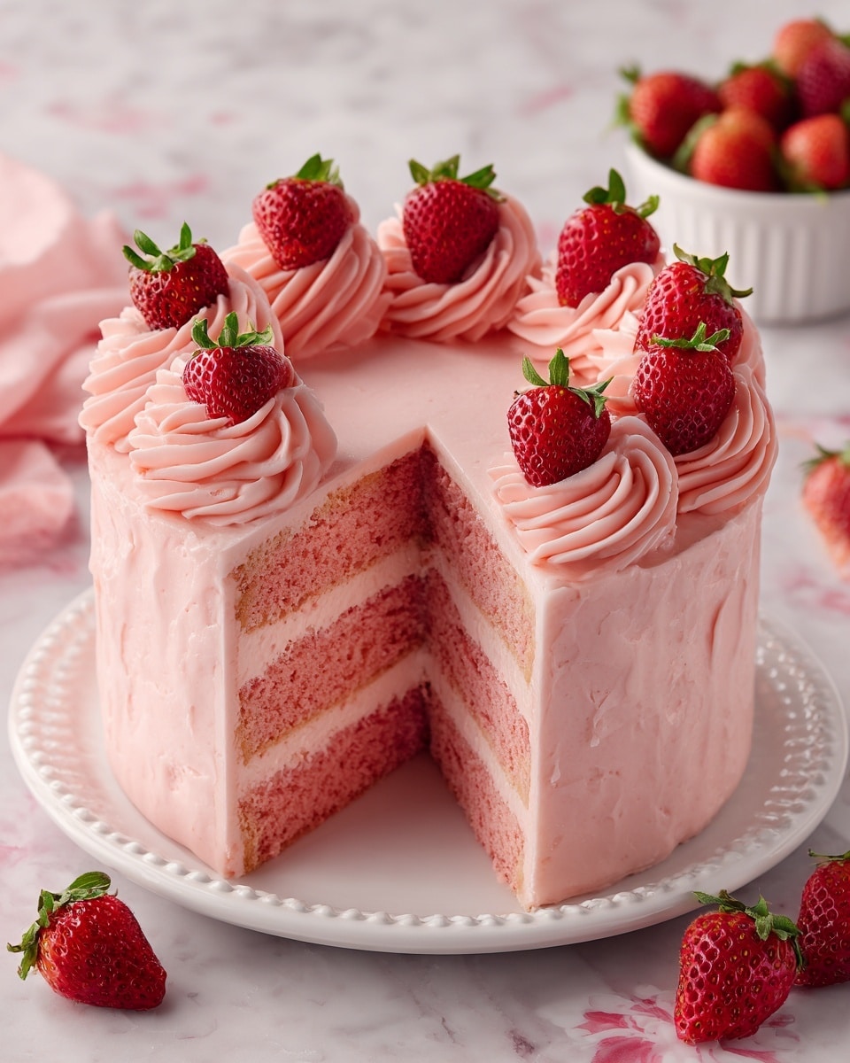 A four-layer strawberry cake with pink frosting covers the entire cake including the sides and top. Each layer of the cake is dense and reddish, separated by thick white cream layers. The top edge is decorated with swirls of pink frosting evenly spaced with halved fresh strawberries, bright red with green tops. The cake sits on a white cake stand with a thin gold rim, placed on a white marbled surface scattered with whole fresh strawberries. In the background, a white bowl holds more strawberries, all under soft natural light. photo taken with an iphone --ar 4:5 --v 7