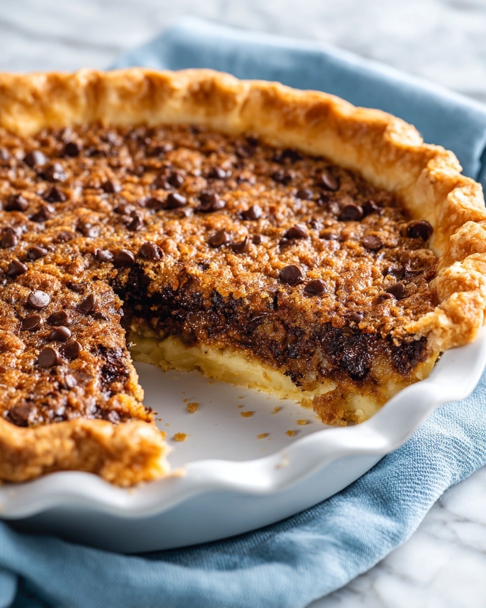 The image shows a round pie with a flaky golden crust in a white pie dish. The pie filling is light brown with small dark brown chocolate chips spread evenly across the surface. One slice is cut out, revealing two layers: a thin outer crust and a thick chocolate chip filling inside that looks soft and gooey. The pie dish sits on a white marbled surface with a textured blue cloth underneath it and a dark cup partially visible in the corner. Photo taken with an iphone --ar 4:5 --v 7