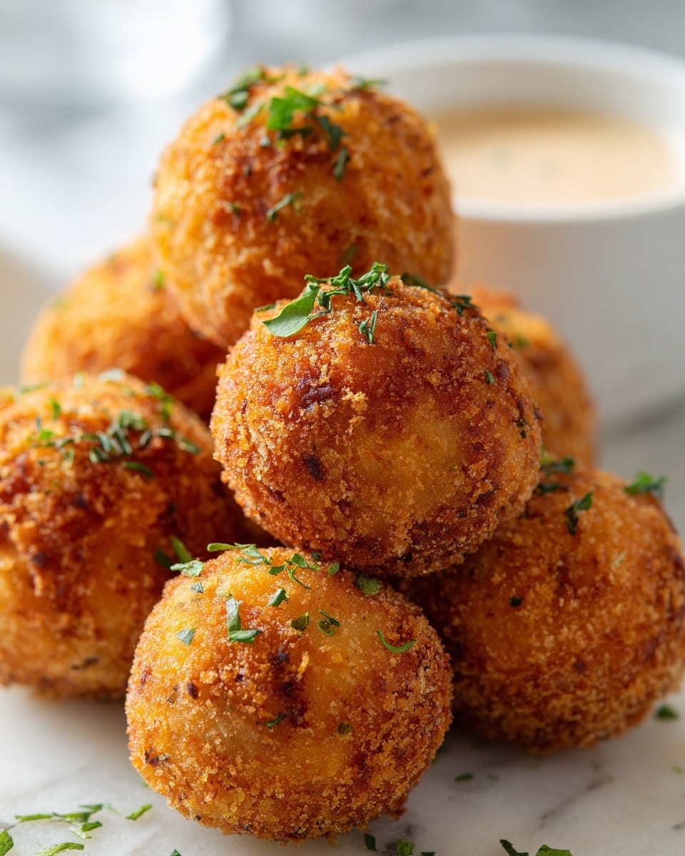 The image shows a close-up of several round, golden-brown fried balls with a crispy texture on the outside, sprinkled with small green herb pieces on top. They are piled together on a white plate, making the crunchy coating and slight irregularities in their surface very visible. In the background, a white bowl filled with a light cream-colored dipping sauce with green garnish is partly visible, all placed on a white marbled surface. Photo taken with an iphone --ar 4:5 --v 7