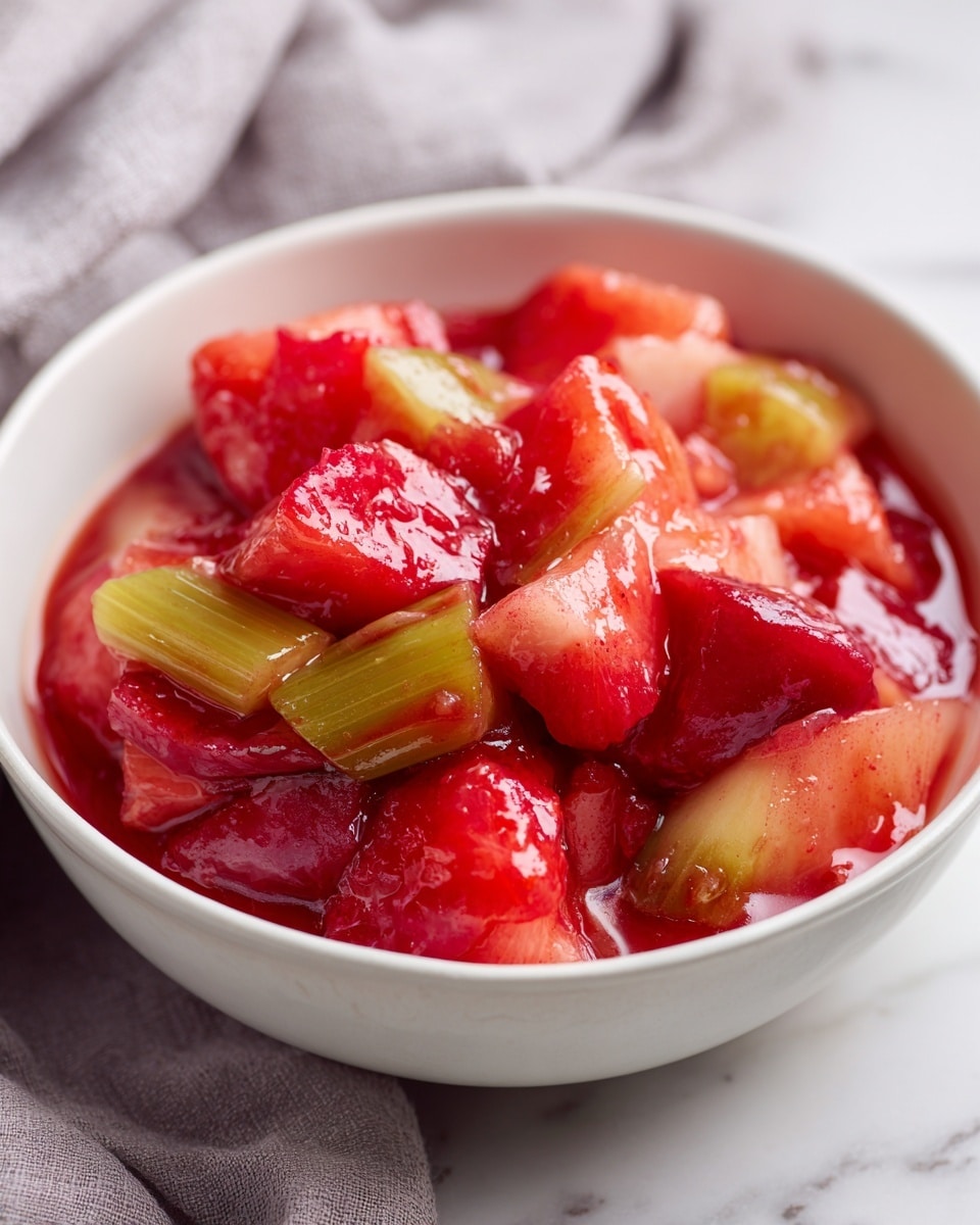 A close-up of a white ceramic bowl filled with thick, chunky rhubarb compote. The compote has visible off-red and pink pieces of rhubarb mixed with softer red pulp, showing a mix of solid and slightly mushy textures. Some light green and pale yellow parts of the rhubarb stalks add color contrast within the rich red base. The top layer looks glossy and syrupy, catching the light. The bowl is on a white marbled surface with a soft cloth nearby. Photo taken with an iphone --ar 4:5 --v 7