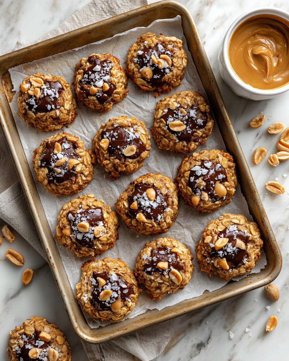 A metal baking tray lined with crinkled parchment paper holds twelve oat cookies arranged closely together, each cookie topped with glistening dark chocolate chips, light brown peanut pieces, and a small sprinkle of white salt flakes. The cookies have a rough, chunky texture with visible oats and nuts, giving them a hearty look. Around the tray, scattered peanut halves lie on a white marbled surface. In the top right corner, a white bowl contains a light brown creamy spread. The overall scene is bright and inviting, showing the cookies fresh and soft. photo taken with an iphone --ar 4:5 --v 7