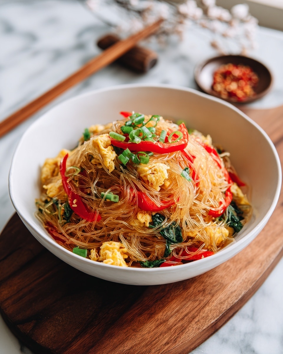 A white shallow bowl contains a dish with three main layers: the bottom layer is a bed of thin, clear glass noodles tangled softly, on top of that are thin strips of bright red bell pepper and sautéed wilted dark green leafy vegetables, and the top layer is golden-brown crispy bits, likely pieces of cooked egg, scattered evenly with fresh, vibrant green sliced scallions placed on top as garnish. The bowl is placed on a wooden board, and the whole setting rests on a white marbled textured surface, with a small bowl of red chili flakes blurred in the background. photo taken with an iphone --ar 4:5 --v 7