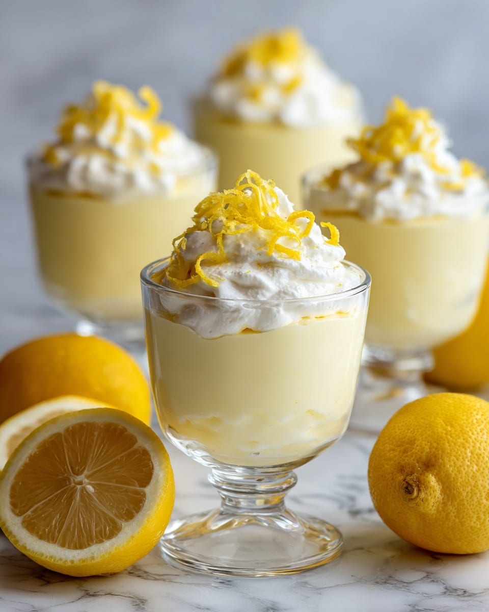 A clear glass dessert cup holds a creamy lemon mousse with a smooth, pale yellow layer topped by a thick swirl of white whipped cream. On top, there is a small pile of bright yellow lemon zest curls adding texture and color contrast. In the background, three similar dessert cups with the same mousse and whipped cream layers appear softly blurred. The mousse cups sit on a wooden surface surrounded by whole and halved bright yellow lemons, creating a fresh, natural feel. The scene is set on a white marbled surface. photo taken with an iphone --ar 4:5 --v 7