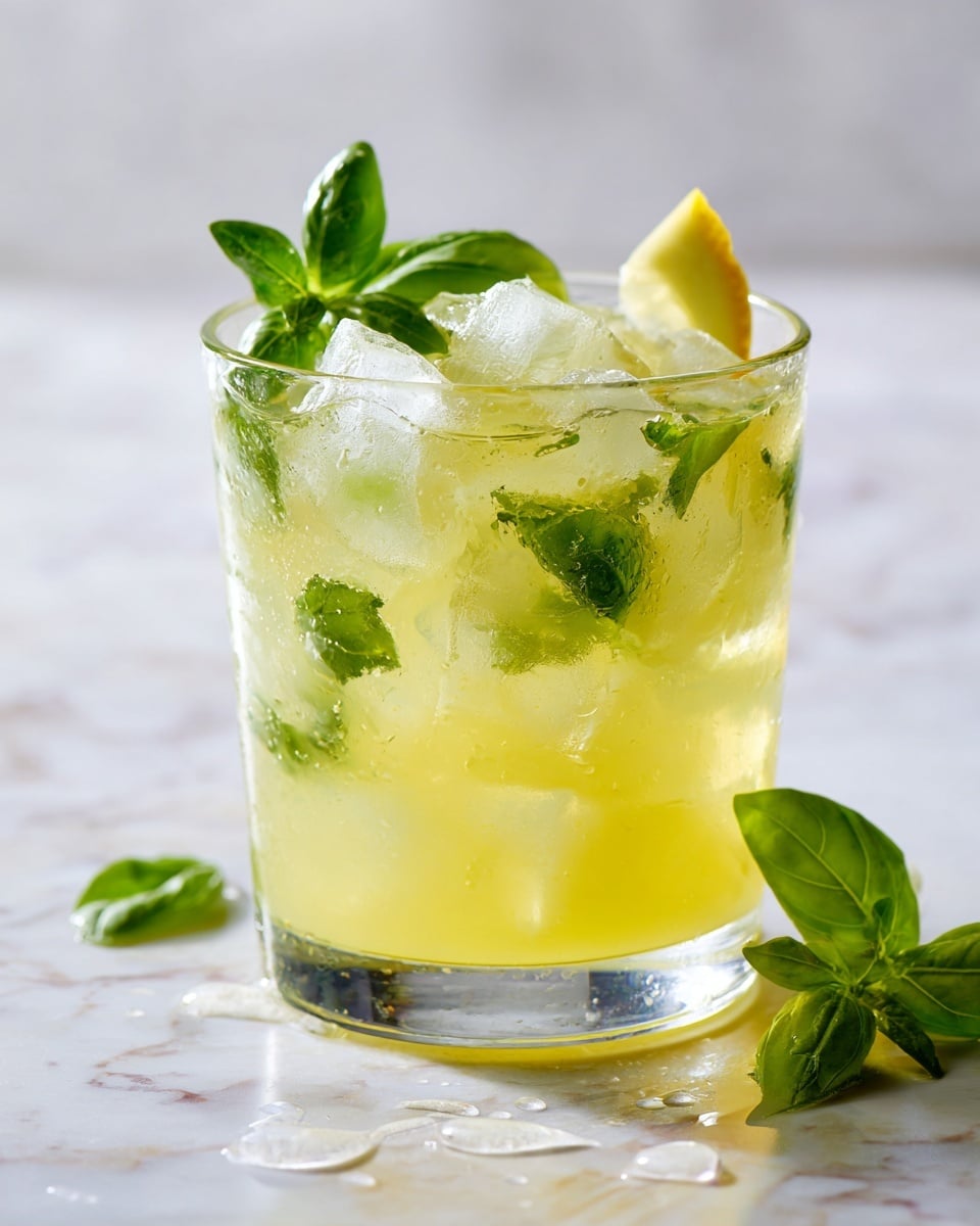 A clear glass filled with a light yellow drink containing several large ice cubes. Inside the glass, fresh green basil leaves float among the ice, adding texture and color contrast. A bright yellow lemon wedge is placed on the rim of the glass, slightly tilted. The glass sits on a white marbled surface with a few small water droplets around it, and additional basil leaves are scattered near the base. The lighting is bright and natural, giving the drink a refreshing look. Photo taken with an iphone --ar 4:5 --v 7