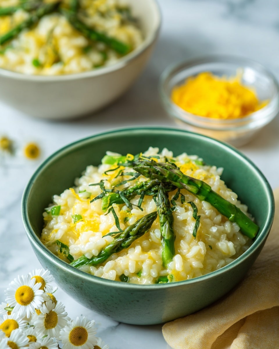 Two white bowls, each filled with a creamy yellow orzo dish mixed with bright green asparagus pieces, sit on a white marbled surface. The orzo grains look glossy and slightly thick, with vibrant green asparagus tips and stalks scattered evenly throughout the orzo, and small green herb flecks sprinkled on top. In the background, a small clear glass bowl holds thin, curly yellow lemon zest strands, adding a hint of brightness to the setting. The soft white marbled surface features a few white daisy flowers, creating a fresh and natural ambiance. photo taken with an iphone --ar 4:5 --v 7