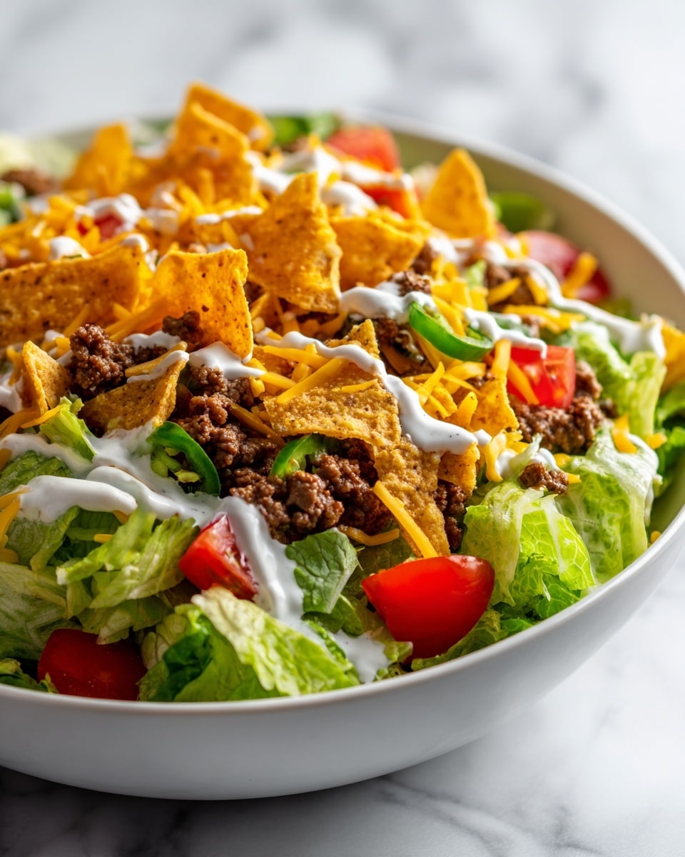The dish is served in a white bowl full of layers: the bottom layer is green lettuce, topped with small chunks of red tomato and yellow corn kernels scattered throughout. Crumbled brown cooked ground meat is spread evenly over the vegetables, with thin green slices of jalapeño peppers placed here and there. Over this, there are broken triangular yellow corn chips and a generous heap of bright yellow shredded cheddar cheese in the center. White creamy dressing is drizzled over the top, adding a soft texture contrast. The bowl is resting on a white marbled surface. photo taken with an iphone --ar 4:5 --v 7