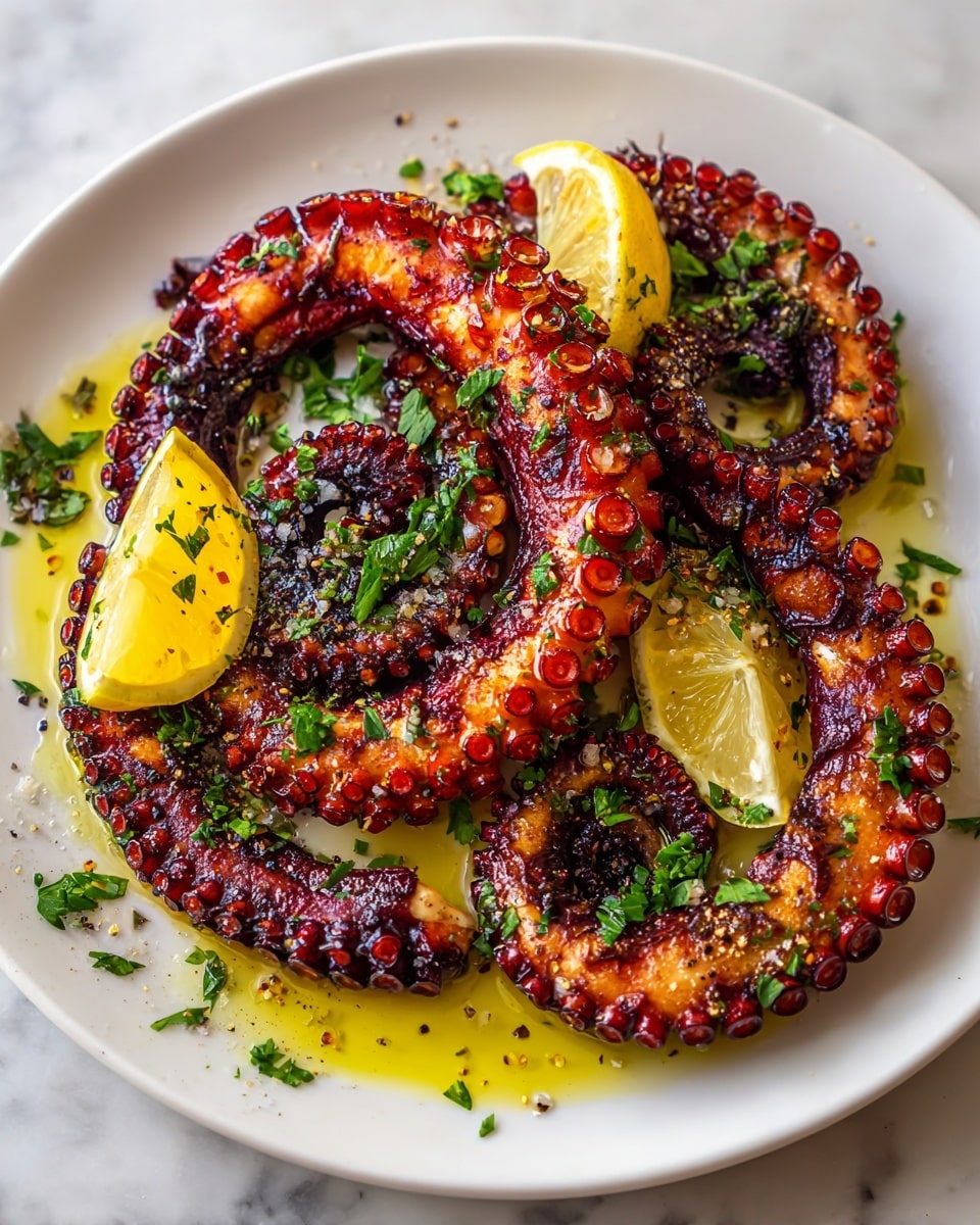 A white plate holds three thick, grilled octopus tentacles, each curved and charred with a rich reddish-purple color and textured suction cups along the edges. The tentacles have dark, crispy spots from the grill. Bright green chopped parsley is scattered on and around the octopus, adding color contrast. Two lemon wedges rest on top, their bright yellow skin and juicy segments standing out. The dish is glistening with a layer of golden olive oil pooling around the octopus, catching the light, while tiny bits of black pepper and seasoning are sprinkled over everything. The plate sits on a white marbled surface. photo taken with an iphone --ar 4:5 --v 7
