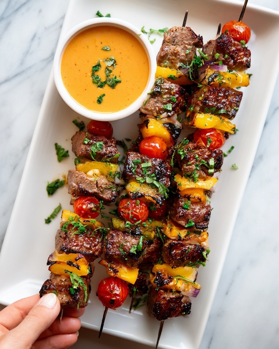 The image shows several colorful grilled kebabs on white rectangular plates. Each skewer has multiple layers of grilled meat pieces that are brown with char marks, alternating with bright yellow bell peppers, orange bell peppers, and green herbs scattered on top. There are also small red cherry tomatoes on some skewers. On the side, there is a small white bowl filled with a creamy orange sauce garnished with green herbs. A woman's hand with a fork reaches toward the white plate. The surface underneath is a white marbled texture. Photo taken with an iphone --ar 4:5 --v 7