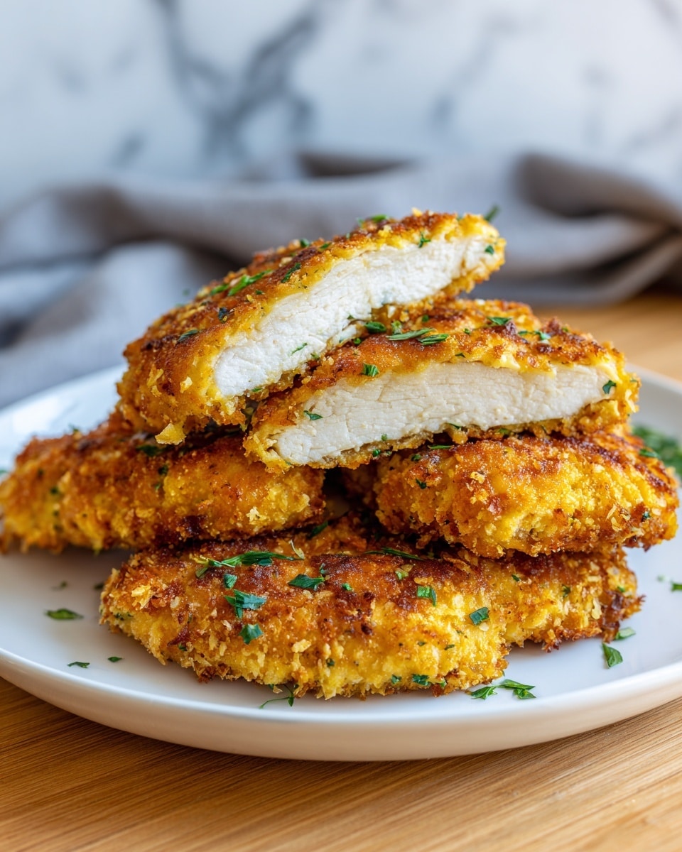 A white plate holds several pieces of golden-brown, crispy breaded chicken tenders stacked loosely. One piece is cut in half, showing the white, juicy chicken meat inside, with a crunchy, textured coating on the outside. Tiny green herb leaves are scattered on top of the chicken and on the plate. The scene is set on a white marbled surface with a blurred background showing warm wooden tones and soft, dark shapes. photo taken with an iphone --ar 4:5 --v 7