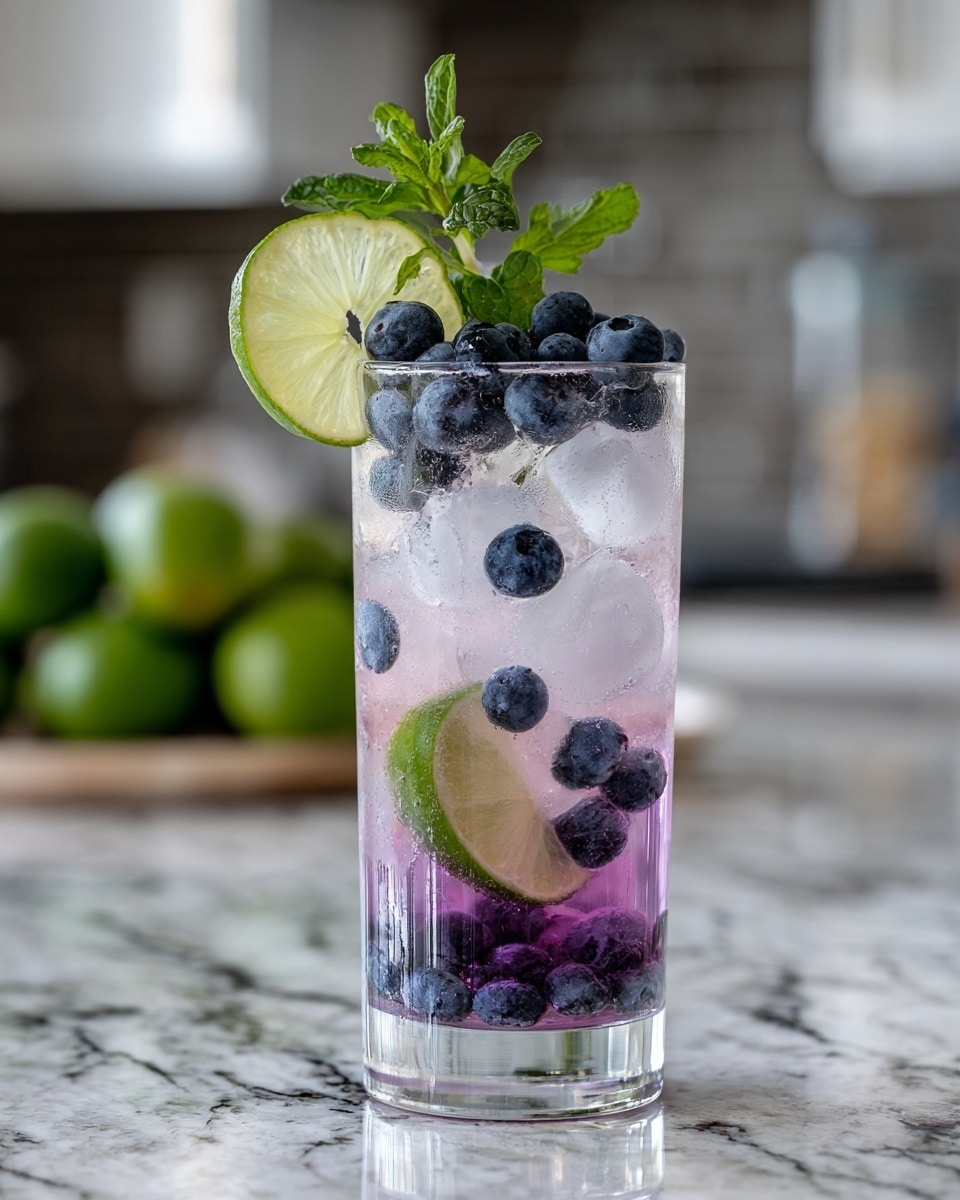 A tall clear glass filled with a light purple creamy drink with ice cubes visible inside, topped with several fresh blueberries resting on the surface, and garnished with a thin green lime slice and a small sprig of mint placed on the rim. The glass sits on a white marbled countertop with a blurred bright kitchen in the background. photo taken with an iphone --ar 4:5 --v 7