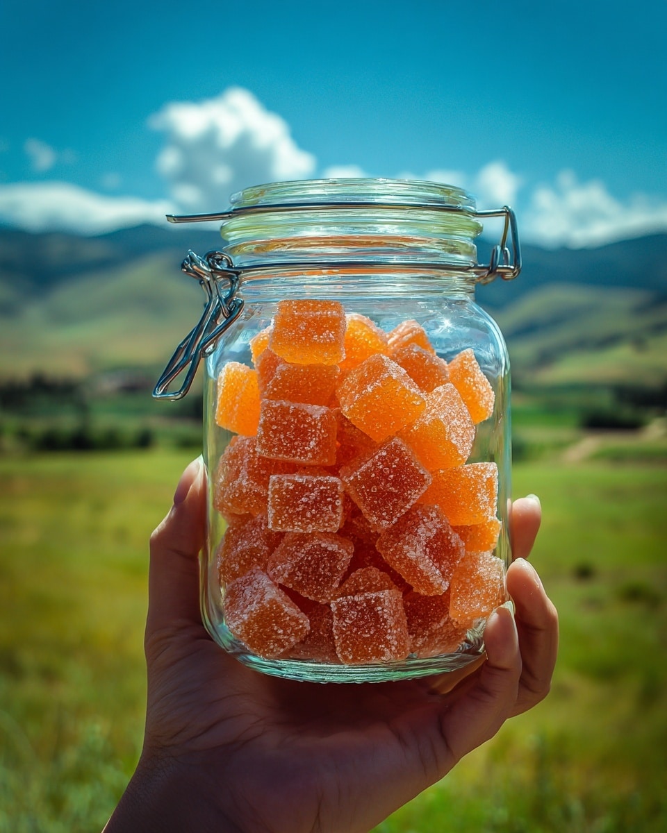 A woman's hand holds a clear glass jar filled with bright orange gummy cubes coated in sugar crystals, tightly packed to fill the jar almost to the top. The jar has a silver metal latch and a rounded lid. The background shows a green field with yellow flowers under a blue sky with white fluffy clouds, slightly blurred to focus on the jar. Photo taken with an iphone --ar 4:5 --v 7