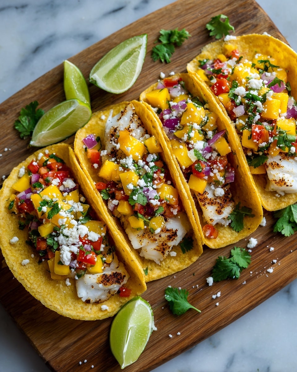 Four tacos are arranged in a row on a wooden board, each with a yellow corn tortilla shell. Inside each taco is a layer of grilled chicken with a light brown char, topped with bright yellow mango chunks mixed with red tomato pieces and small bits of purple onion. Fresh green cilantro leaves are sprinkled over the top, along with a few white crumbles of cheese. Pieces of lime and fresh cilantro are scattered around the board, which rests on a white marbled surface. Photo taken with an iphone --ar 4:5 --v 7