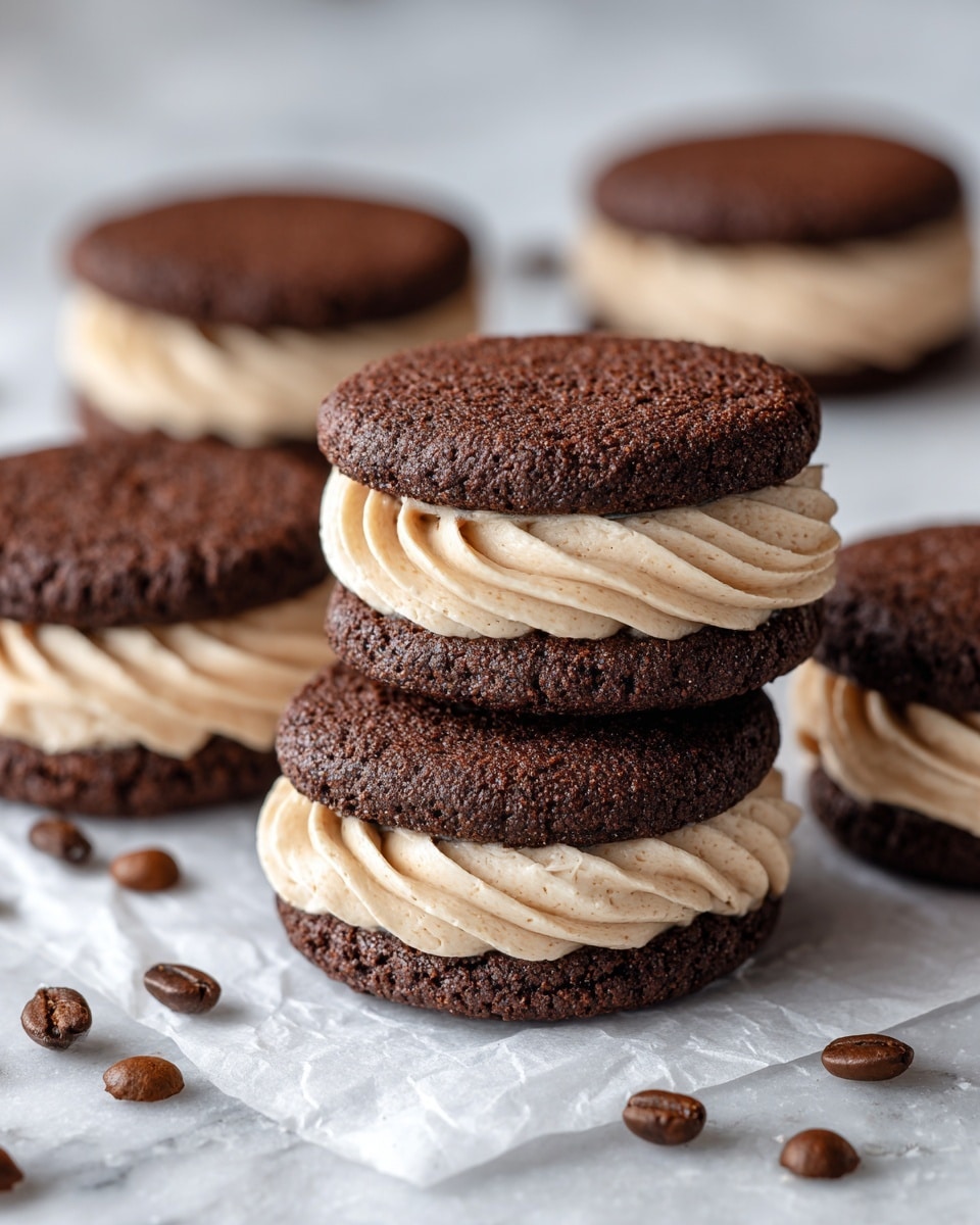 The image shows five chocolate sandwich cookies stacked and placed close together on a piece of parchment paper over a wooden board. Each sandwich has two dark brown, textured chocolate cookie layers with a thick swirl of light beige cream filling in the middle. The cream filling is piped with visible ridges and a smooth texture. Coffee beans are scattered around the cookies, adding a rich brown color contrast to the scene. The background features a blurred white marbled texture with soft lighting, giving the image a warm and inviting look. photo taken with an iphone --ar 4:5 --v 7