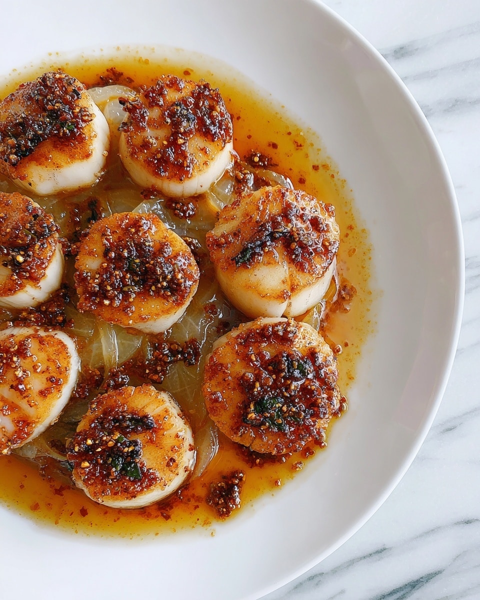 A white plate holds six large seared scallops, each with a golden brown, slightly crispy top and tender, creamy sides. The scallops are placed on a bed of cooked onions that are soft and translucent with a light caramel color, arranged loosely under and around the scallops. The white marbled surface creates a clean and simple background, emphasizing the rich colors and textures of the scallops and onions. photo taken with an iphone --ar 4:5 --v 7