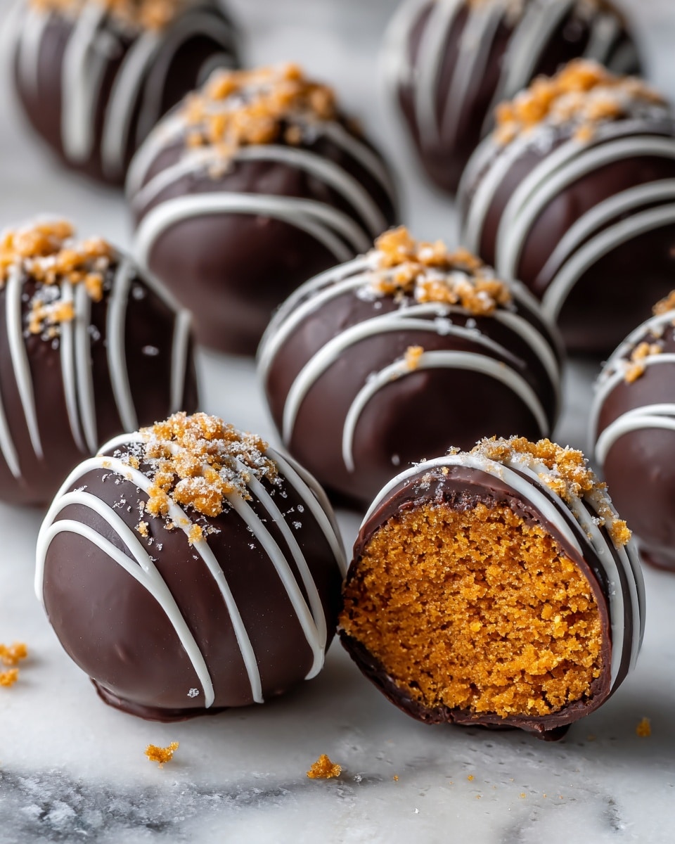 A group of round chocolate balls with a smooth dark chocolate coating is arranged on a white marbled surface. Each ball has thin white chocolate drizzle lines across the top. One of the balls is cut in half and placed in front, showing a bright orange crumbly filling inside. On top of each ball, there is a small pile of light brown crumbly topping. The image is bright with sharp details and shallow depth of field, focusing on the texture of the chocolate and filling. Photo taken with an iphone --ar 4:5 --v 7
